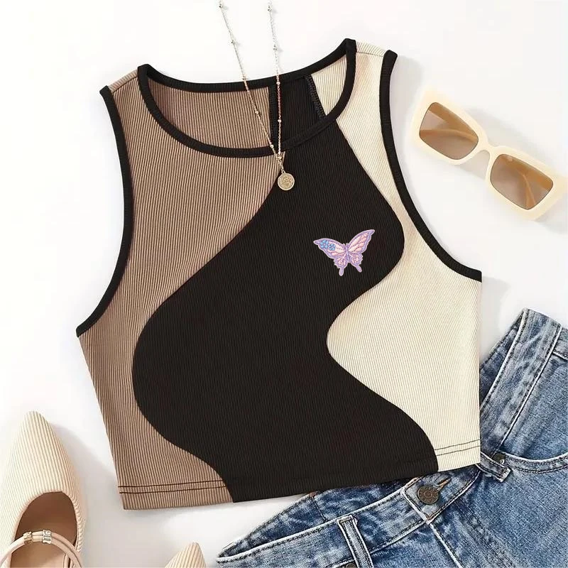 Women Summer Sexy Sleeveless Crop Tops Embroidery Cute Butterfly Bow Tie TankTop Fashion Girl Corset Street Aesthetic Clothes