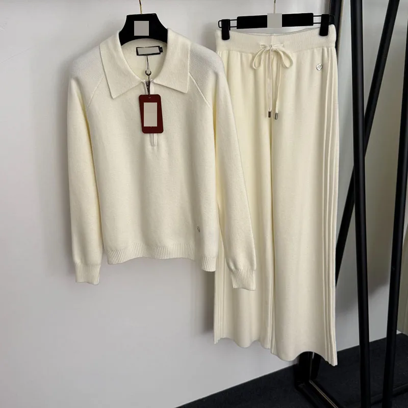 High-End Knitted Set with Metal Ring Decoration Casual Long Sve f Zipper Collared Sweater And Long Pants Women's Faion