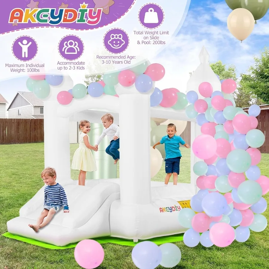 Casa inflable de rebote blanca para celebración, con soplador UL, portátil, Castillo hinchable 3 en 1 de color blanco sonroso para patio trasero interior y exterior