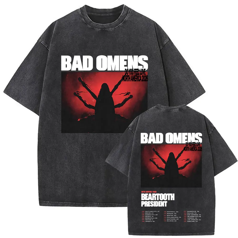 

Washed Vintage Rock Band Bad Omens Do You Feel Love Tour 2026 T-shirt Men Women Casual Oversized T Shirt Men's Retro Streetwear