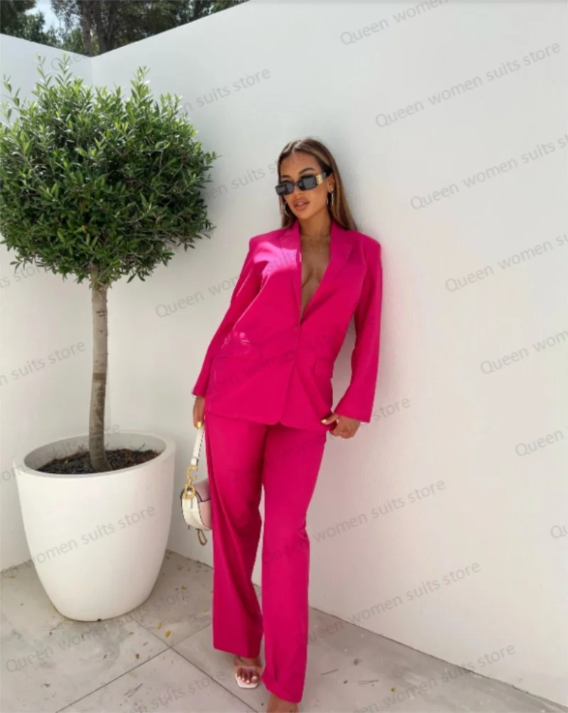 Hot Pink Women Suit Set Casual Blazer+Loose Pants Prom Dress Custom Made Formal Sexy V Neck Full Sleeves Jacket