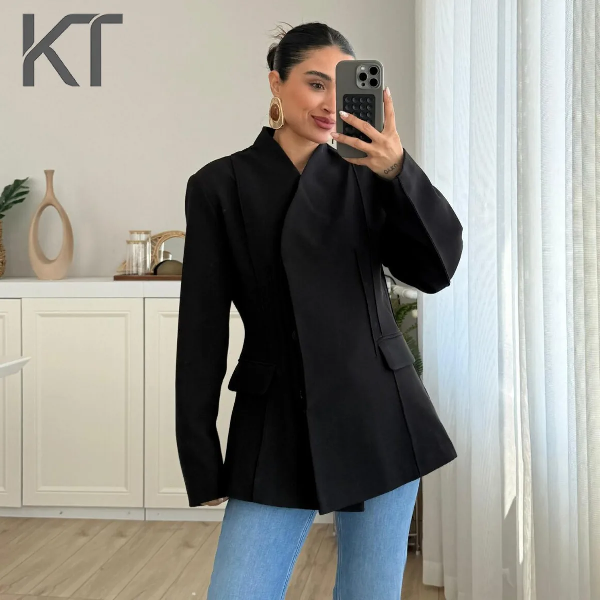 Hot deal: KT Brown Stand Collar Asymmetric Hem Blazer Women Oversized Lapelless Casual Office Blazer 2026 New Arrival