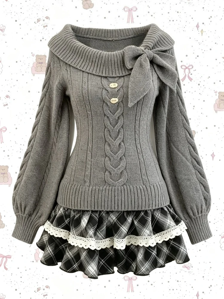 Japanese Kawaii 2 Piece Outfit Women Solid Knitted Slim Sweater Plaid Y2k Mini Skirt Harajuku Chic Fashion Girls Matching Set