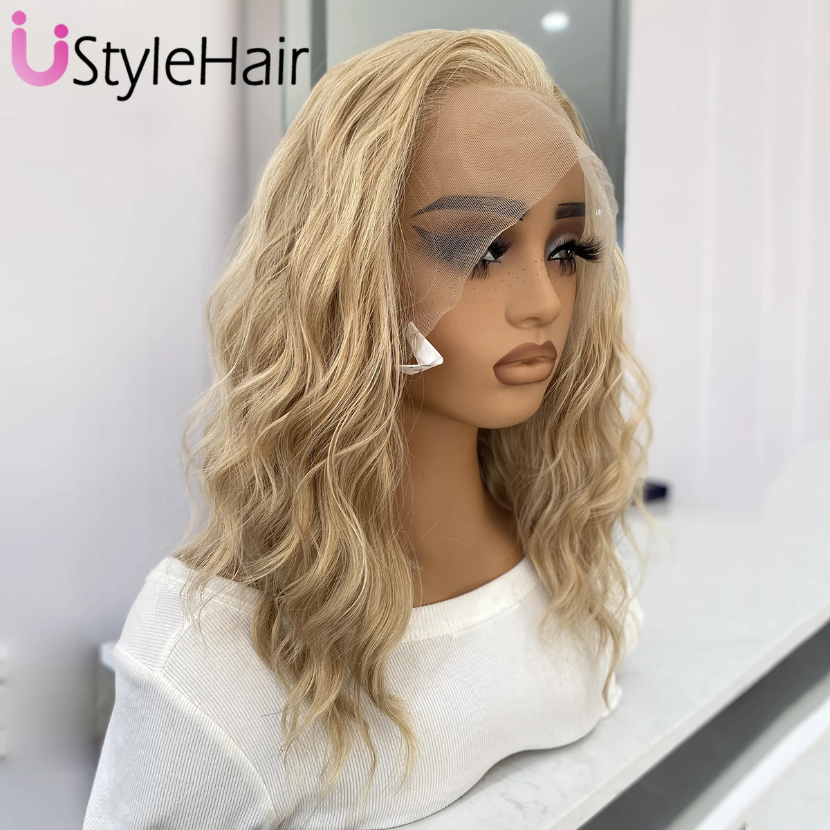 UStyleHair Mix Blonde Short Wave Lace Wig Heat Resistant Synthetic Lace Front Natural Hairline Daily Wear Cosplay Wigs for Women