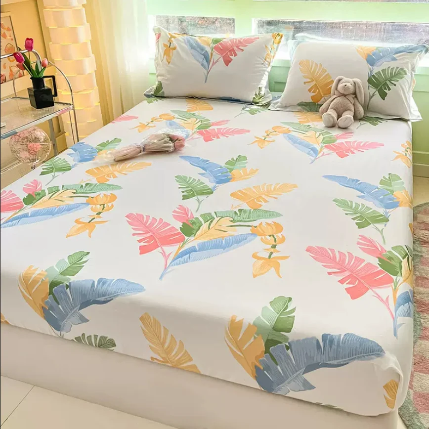 

Fitted Bedsheet and 2pcs Pillowcase 100% Cotton Flower Printed Single Double King Queen 16 Sizes, Home Mattress Protector Cover