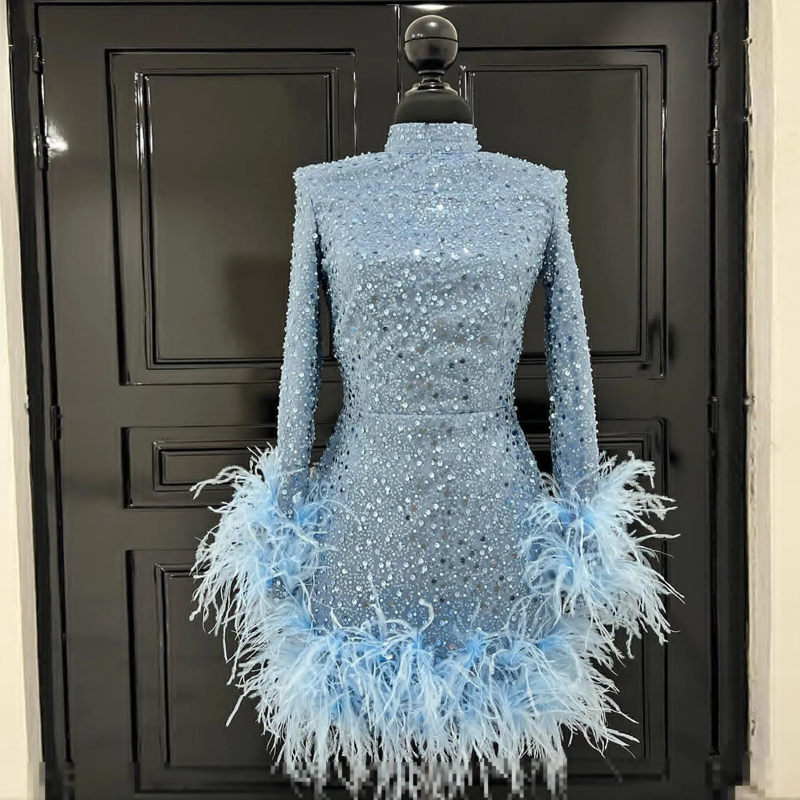 

New Couture Shimmery Sky Blue Lace Women Mini Dresses With Feather High Collor Full Sleeves Sheath Short Formal Party Dresses