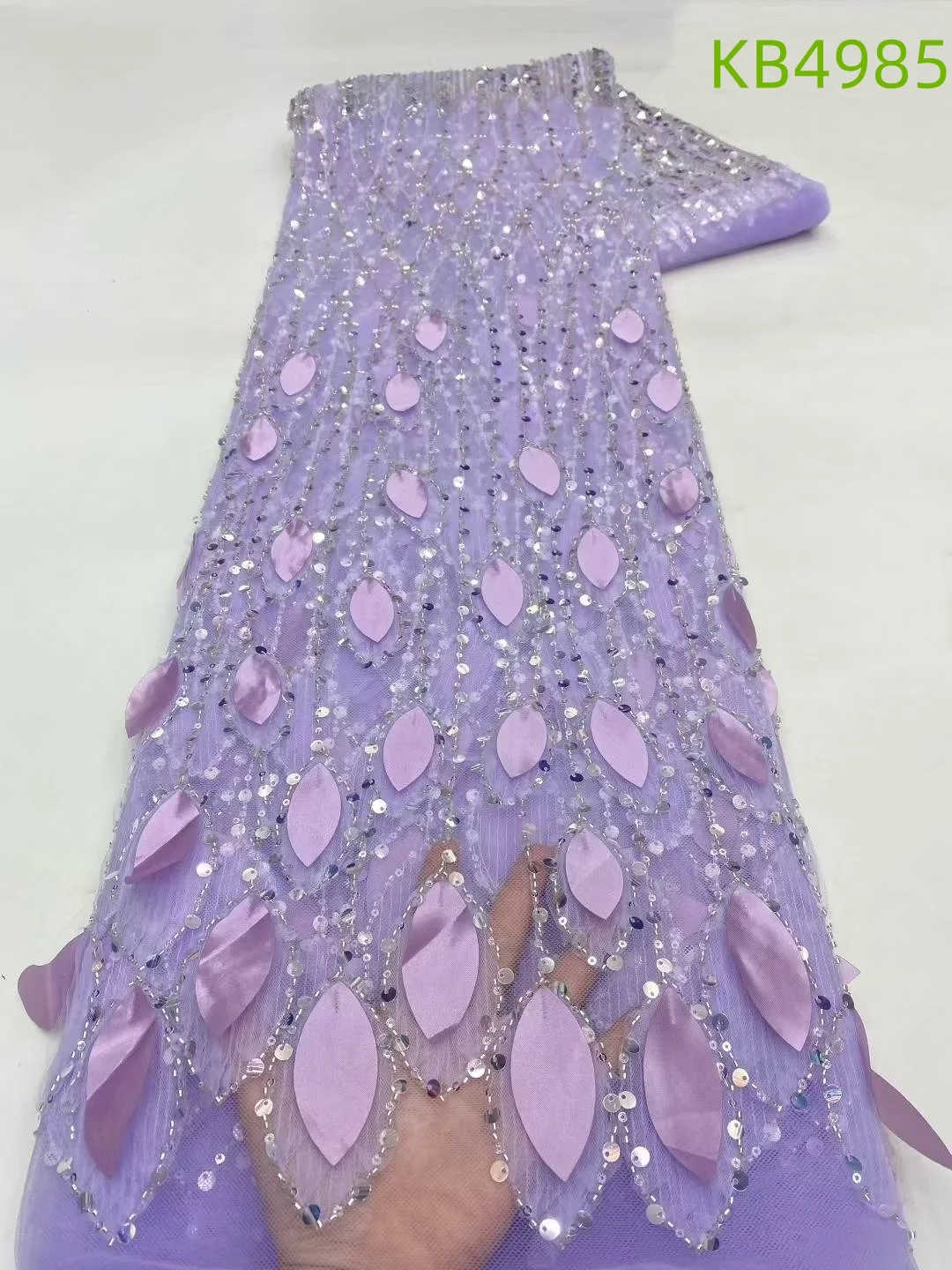 

African Purple Lilac 3D Flower Beaded Sequins Lace Fabrics Beads Tulle Lace Fabric Embroidered Nigerian Lace For Sewing KB4985