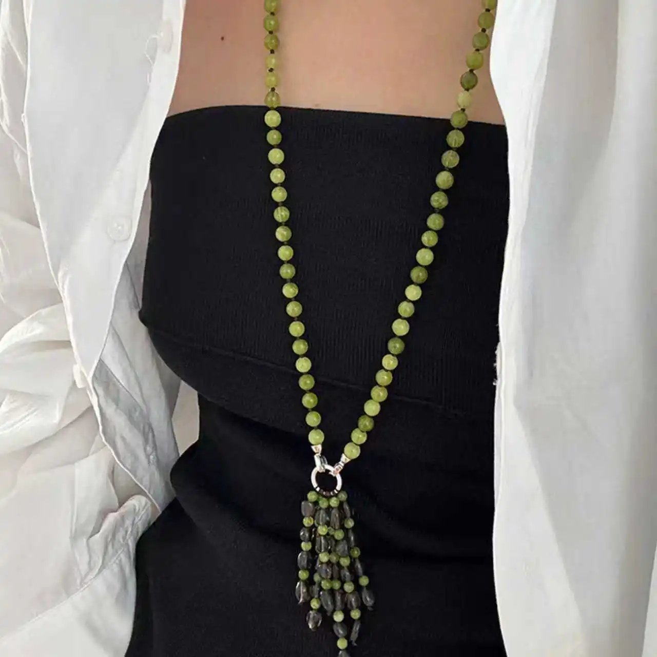 Green Grape Fringe Quartz & Citrine Long Necklace for Women, Sweater Chain Niche Luxury Style Accessory.