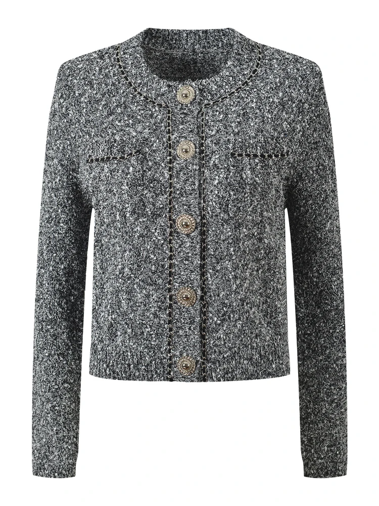 

High-End Version ey round Ne Long Sve Coat European Sle Autumn Winter Faion Chain Gold Bule Flower Design Open C...