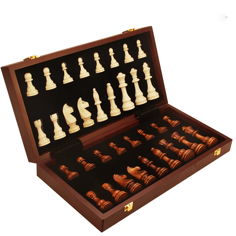 Wooden Chess Set Folding Chess Box With 34 Chess Pieces Interior For Storage Portable Travel Board Game Set For Kid