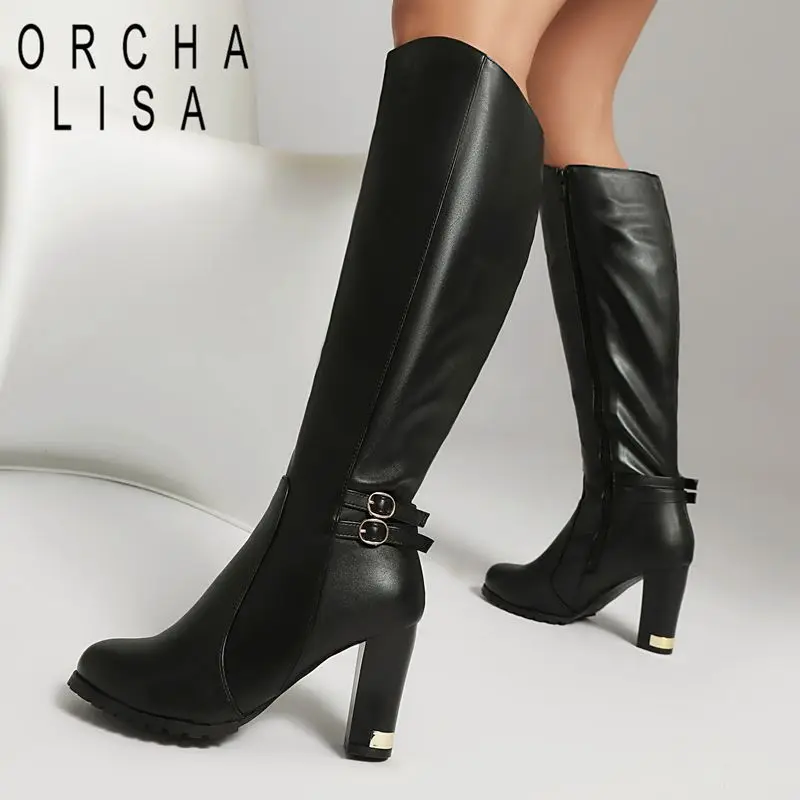 

ORCHA LISA 20250. Женские сапоги до колена с круглым носком, 8,5 см, на массивном каблуке, на молнии, с пряжкой на ремне, осенние вечерние ботильоны большого размера, размер 40 42