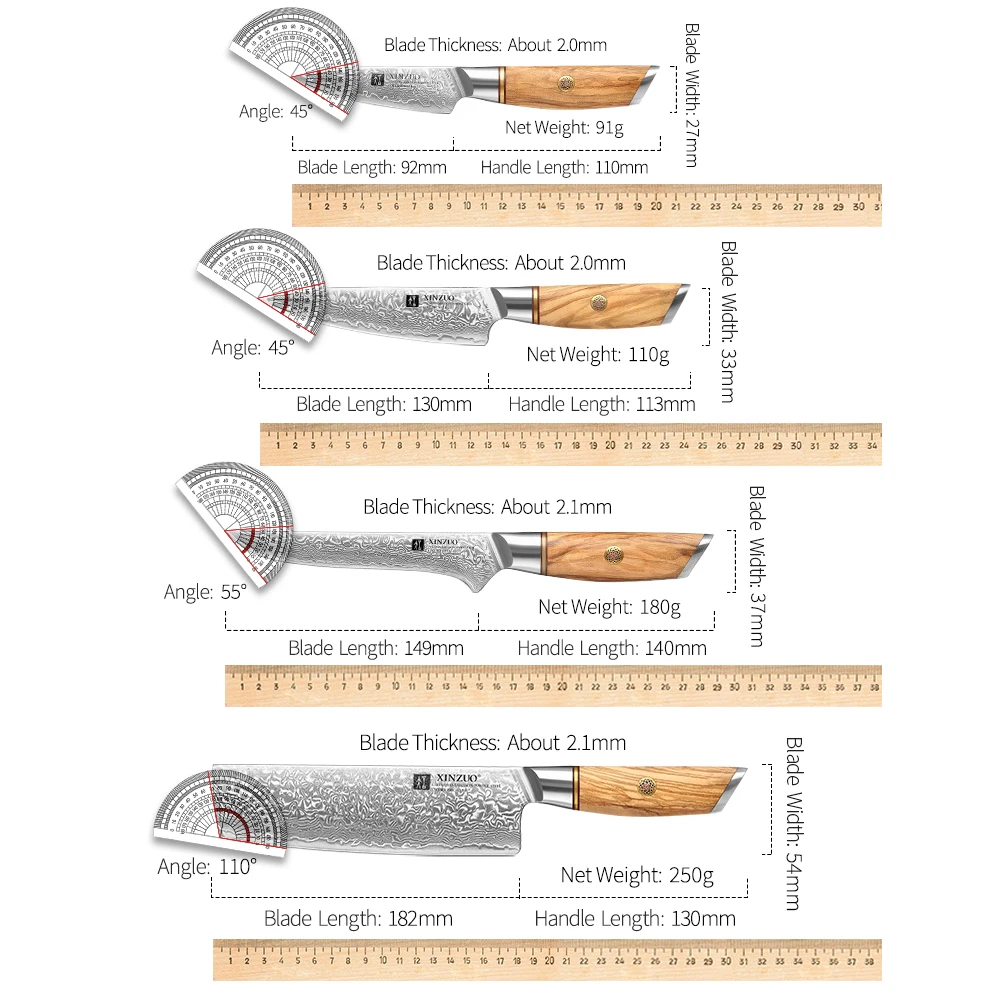 XINZUO 8 Piece Set Custom Damascus Steel High Carbon Bread Boning Santoku Chef Steak Knife Tool with Olive Wood Handle