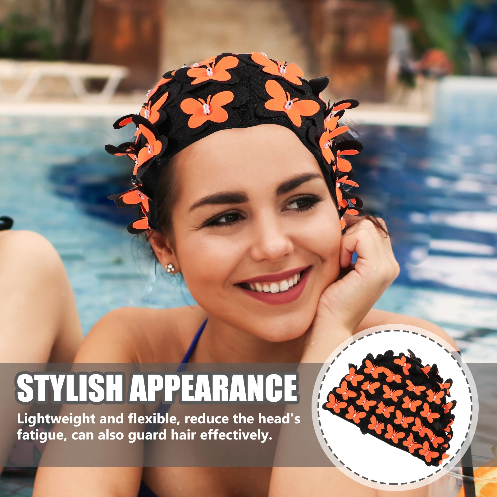 

Women Swim Anti-Skid Elastic Long Hair Cap Durable Nylon Stretchy Bathing Hat For Swimming Spa Adults Large Stylish Butterfly