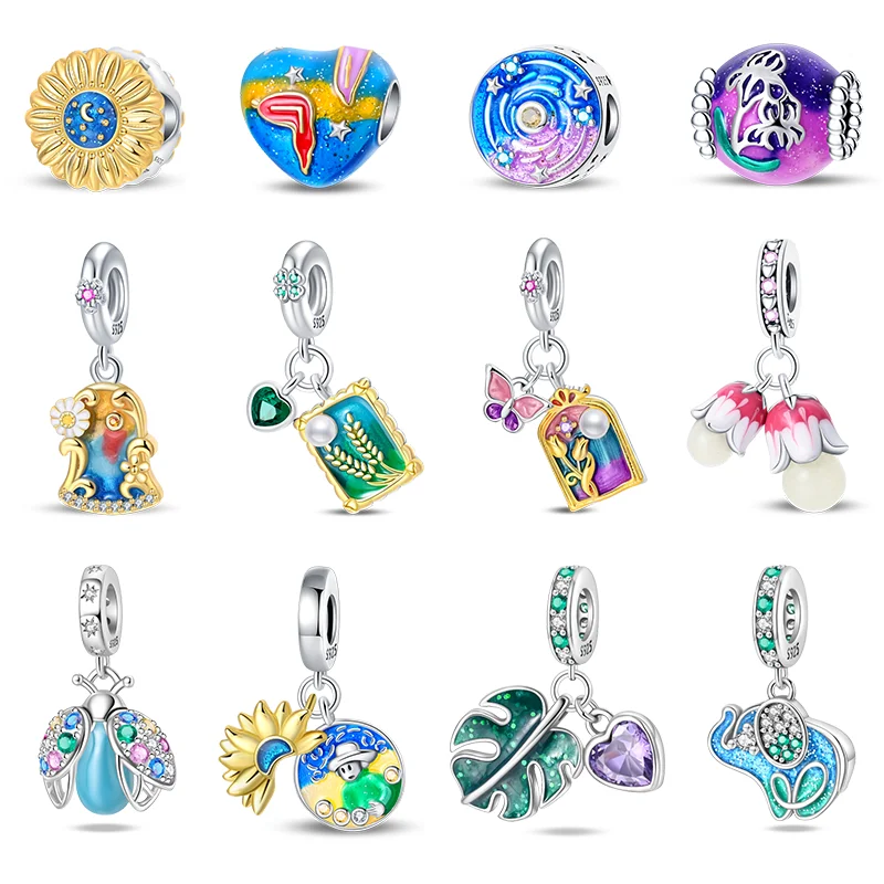 New 925 Sterling Silver Wheatfield Butterfly Sunrise Oil Painting Charms Beads For Pandora Original Bracelet DIY Jewelry Gift