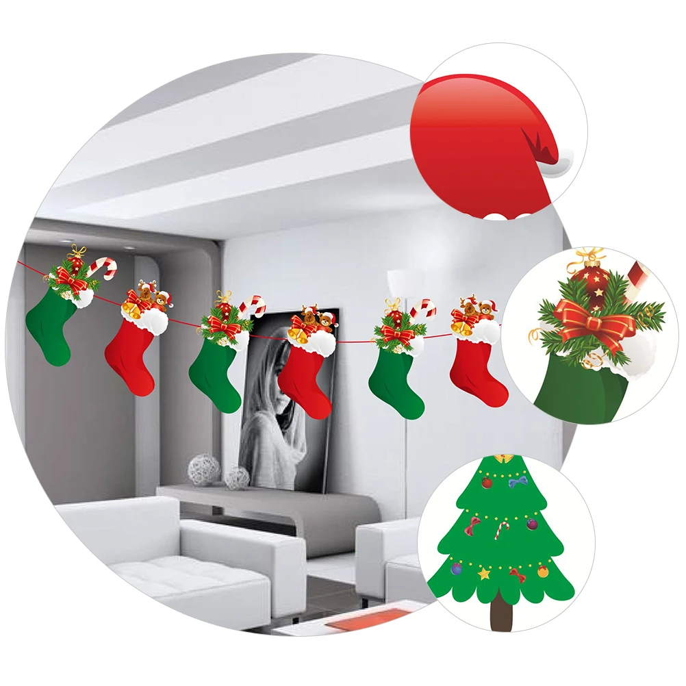 

4pcs Christmas Banner Decorations Hanging Flags Party Bunting Paper Flags For Home Office Kindergarten Reindeer Tree Snowflake