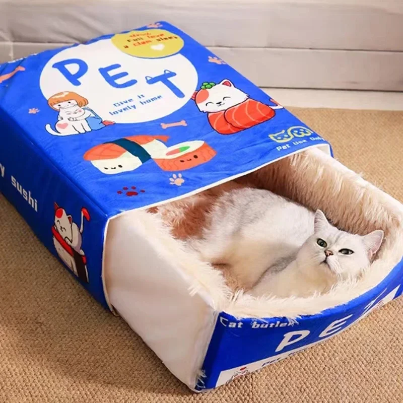 

Funny Biscuit Box Pet Cat Bed Rectangular Pull Out Snack Kitten House Cushion Cave with Zipper Enclosed Safe Space Pet Supplies