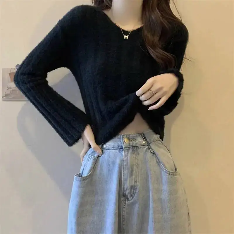 

Норковый короткий свитер с длинными рукавами, тонкий зимний новый вязаный базовый свитер, толстый темпераментный топ