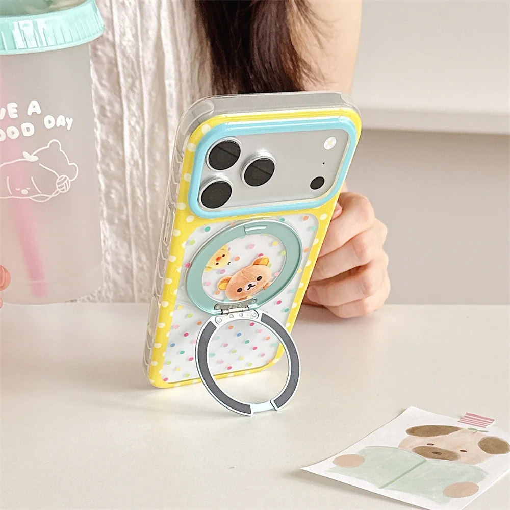 Fashion New Cartoon Cute Bear Chick Polka Dot Phone Case For iPhone 15 16 17 Pro Max 360° Rotating Ring Holder Shockproof Cover