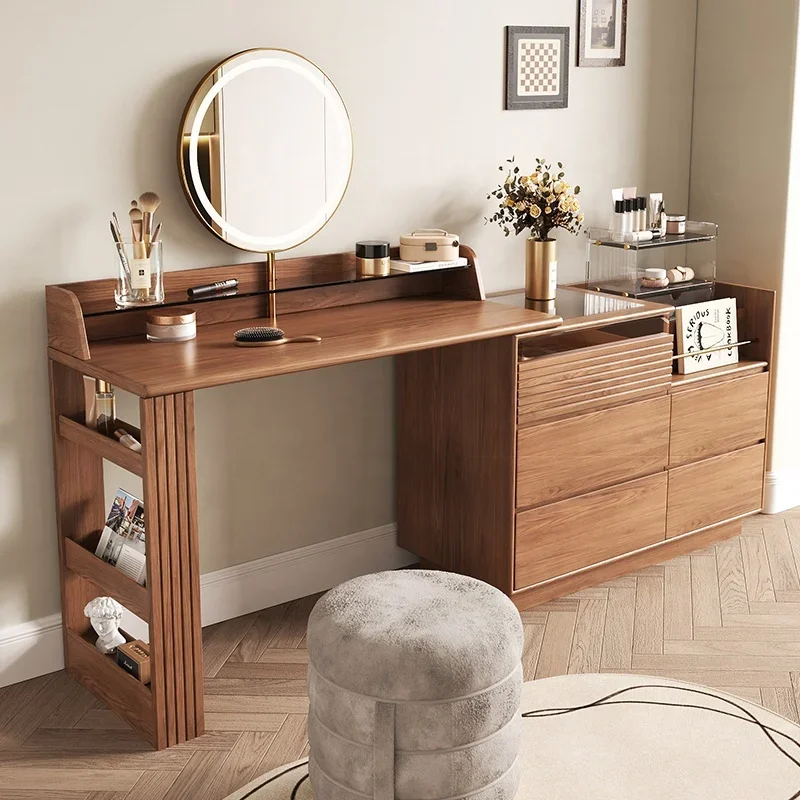 Mid-century modern walnut skin dressing table, bedroom telescopic mirror with makeup, long locker dressing table