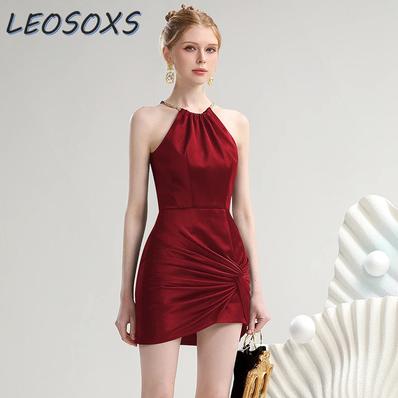 Designer Model High-End Temperament Ladies Mini Sling Dress Summer 2024 New Chain Round Neck Asymmetric Twisted Red Bridal Dress