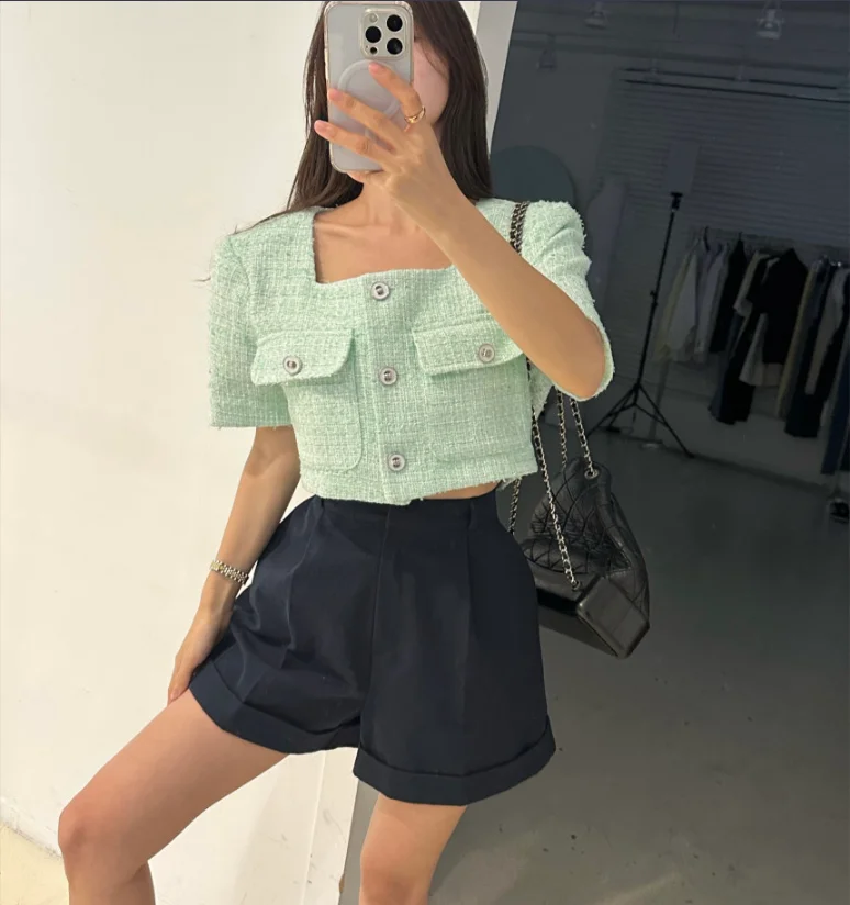 

Romantic Pink Tweed Short Coat Single Button Notch Collar Women's Style Vintage Miniature Fragrance Wind Top Summer Fashion