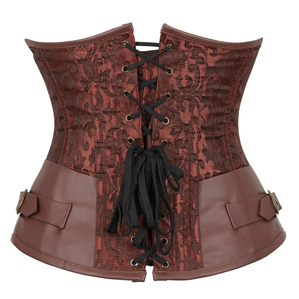 Black Steampunk Underbust Corset Faux Leather Brown Pirate Corset Belt Lace Up Back Jacquard Corset Punk Vintage Top for Women