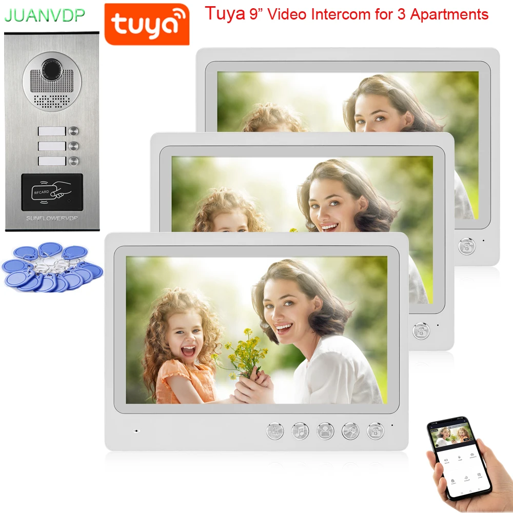 TUYA WIFI Video Intercom System Video Entry Door phone Doorbell 9 inch LCD Monitor + IR RFID Camera Kits for Home Housers Villa