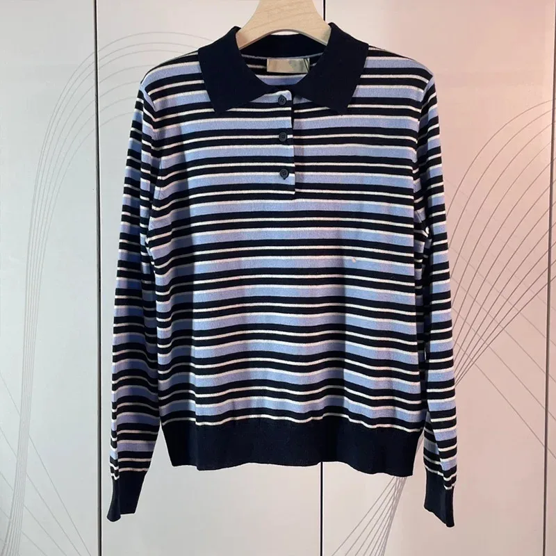 

High quality Striped Casual Women sweater Vintage Camisetas Tops Loose Chic Knitted Polo collar pullover shirt 25426104