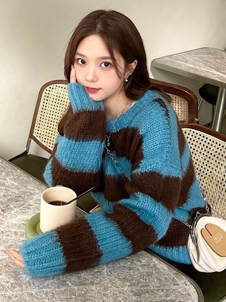 2022 Autumn Thick Pullovers Women New Panelled Stripes Sweaters Vintage Schoolgirls BF Chic Japan Simple All-match Fashion Young