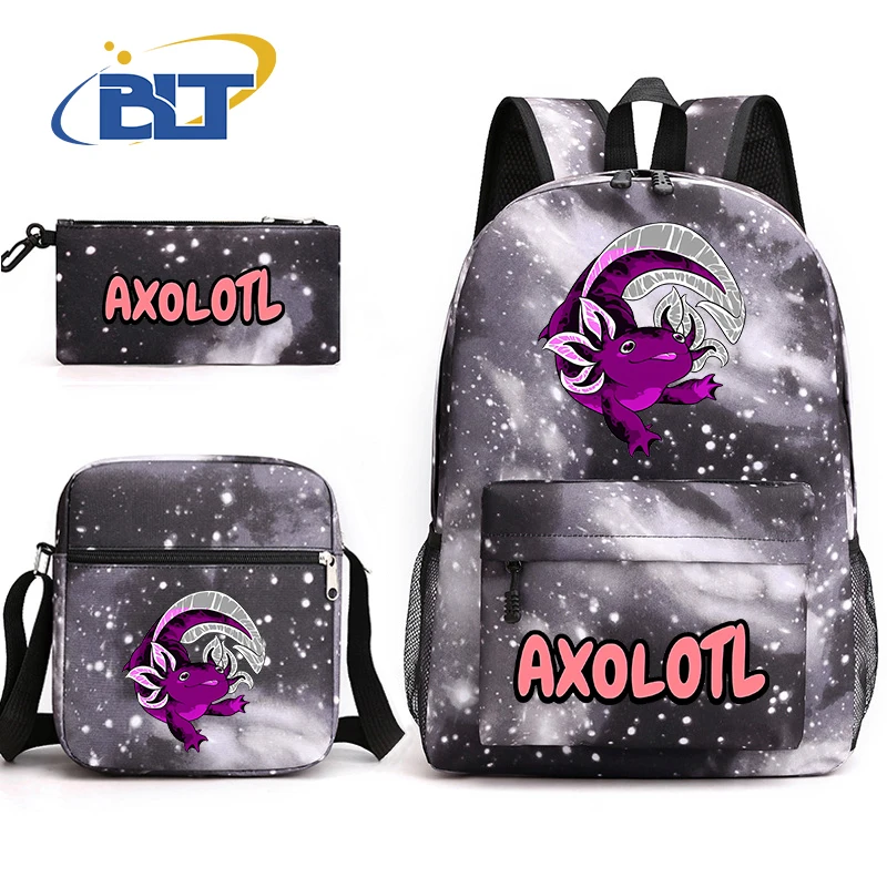 Axolotl Cartoon Print School Bag Set para crianças, mochila juvenil, bolsa de ombro, estojo de lápis, presente infantil, conjunto de 3 peças