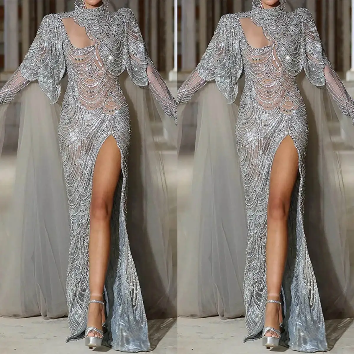 Vestidos de noche de lentejuelas brillantes, vestidos de fiesta de sirena con abertura lateral y cuello alto con ilusión de capa, vestidos para ocasiones formales hechos a medida