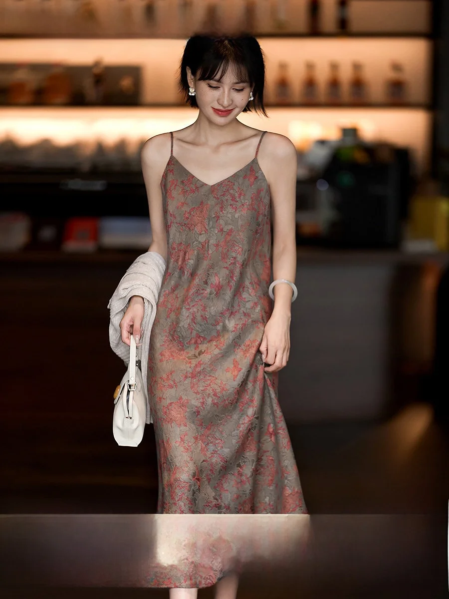 

Шелковое шифоновое платье Danfeng Yanyai с традиционным китайским принтом, макси, с завышенной талией, с цветочной вышивкой, для женщин, весна-лето-осень