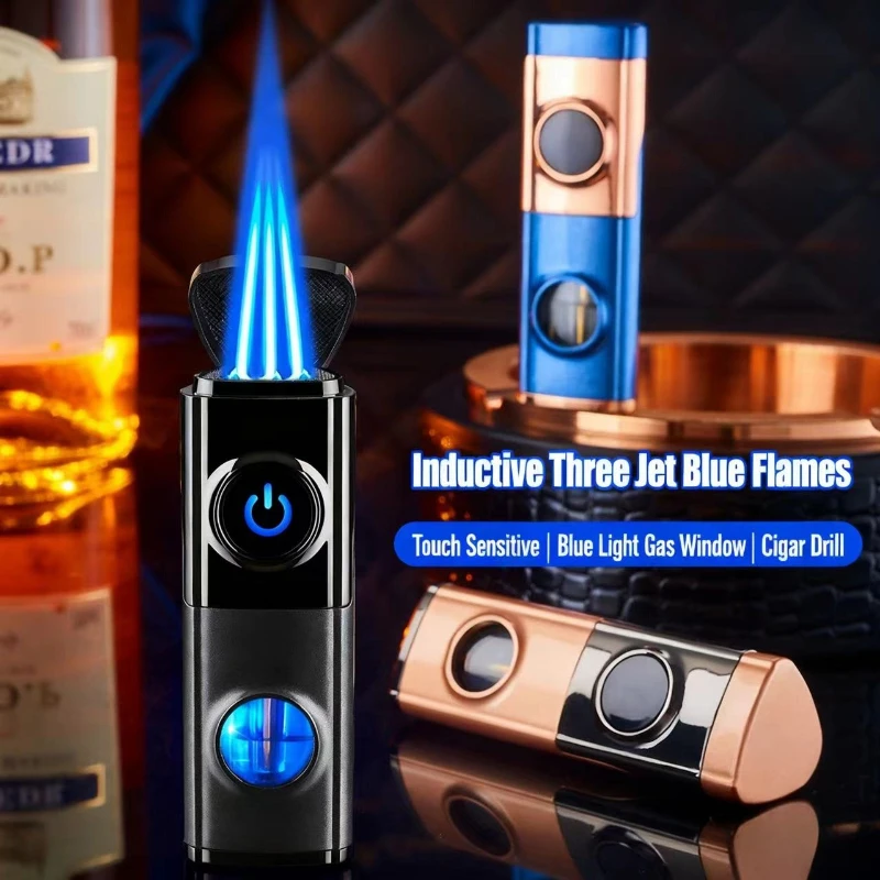 2026 New Cigar Specific Three Flame Lighter Inflatable Straight Forward Windproof Lighter High-power Igniter with Cigar Tools