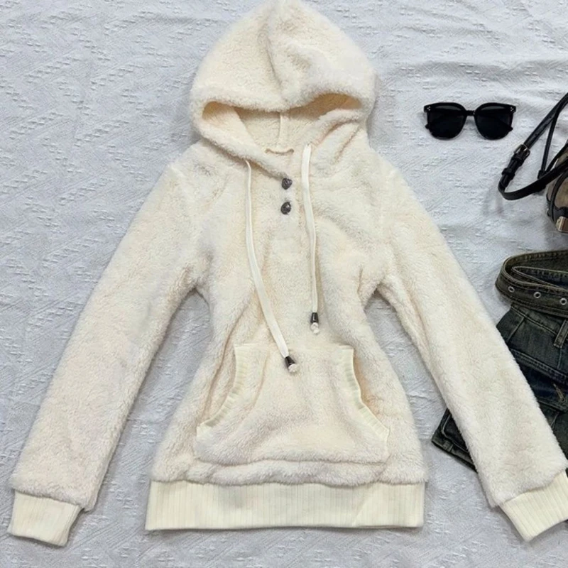 Aesthetic Vintage Slim Hooded Tops Women High Street Casual Long Sleeve Lint Hoodie Female Retro Chic Knit Cute Solid Coat Top