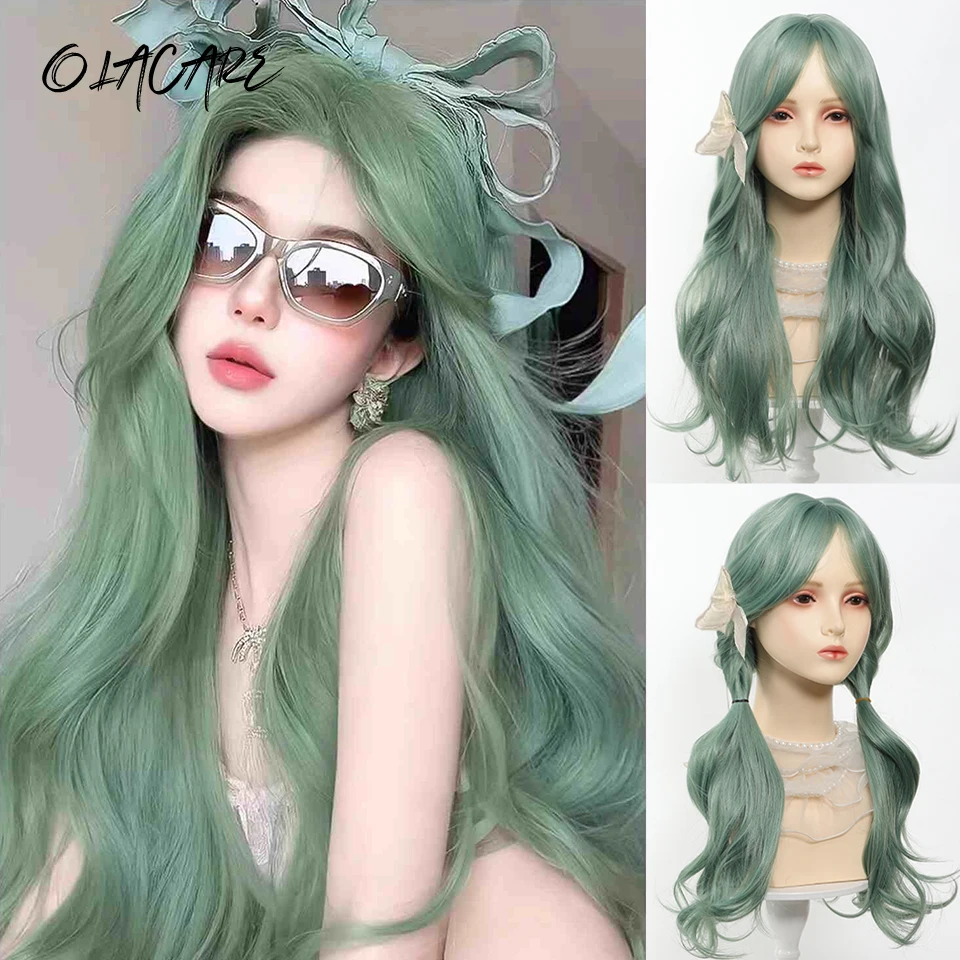 

OLACARE Длинные волнистые синтетические парики Красный желтый парик с челкой для женщин Натуральный косплей Объемная волна Термостойкие волосы