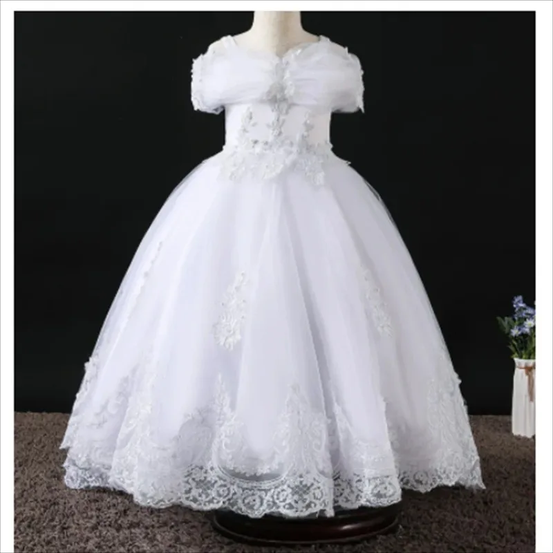 First Communion White Lace Embroidered Flower Girl Dresses for Girl Ball Gown Children Wedding Party Princess Present Birthday