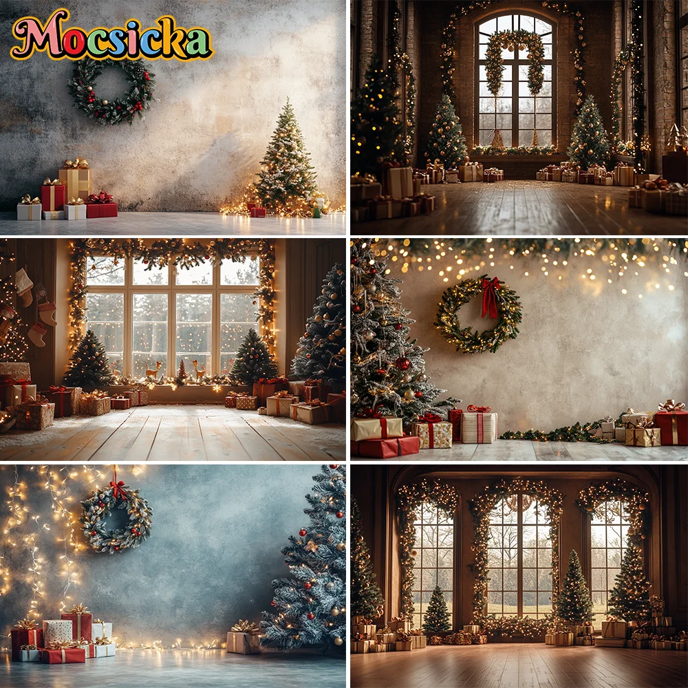 

Photography Background Winter Christmas Boho Beige Room Xmas Tree Gift Kids Family Portrait Decor Backdrop Photo Studio ﻿