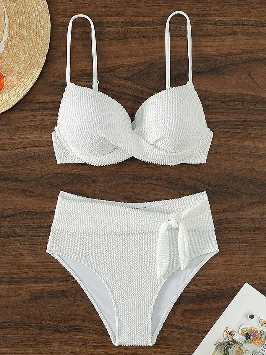 シワ加工ハイウエストビキニプッシュアップ水着女性用水着ツーピースビキニセットブラカップ付き水着