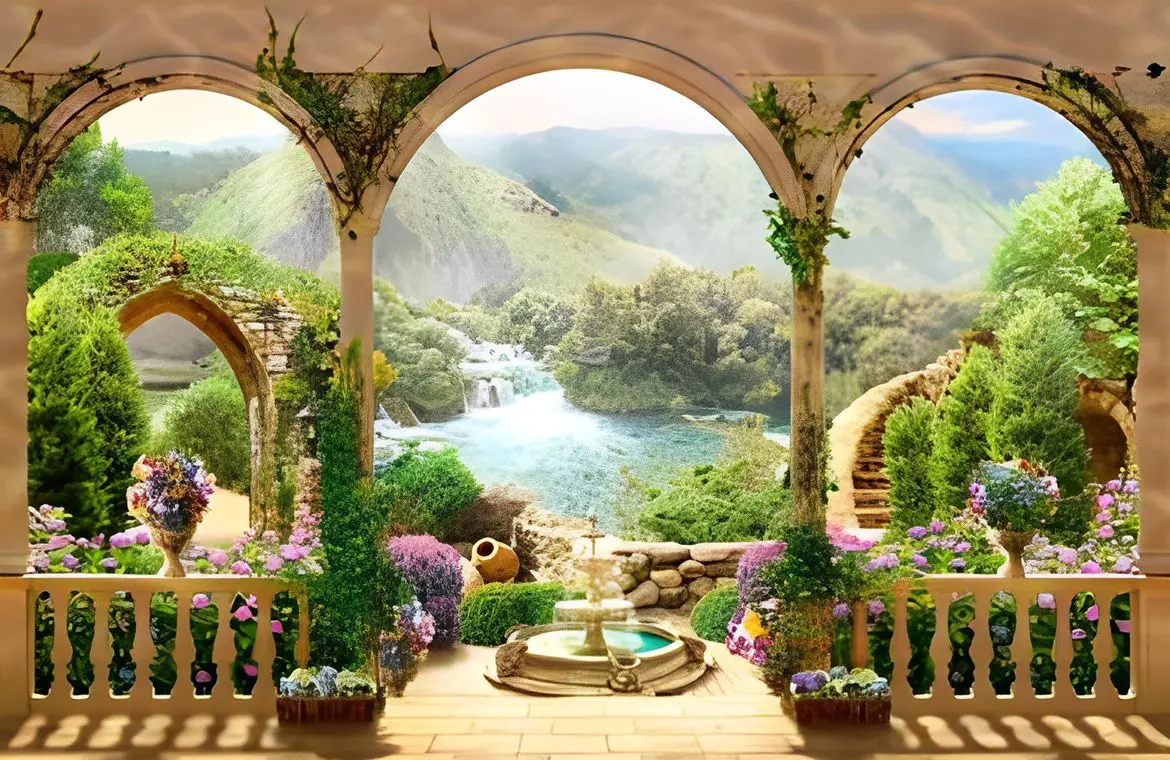 

Lake Mountains Waterfalls Garden Arch Column Flower backdrops computer print wedding Photography Studio Backgrounds