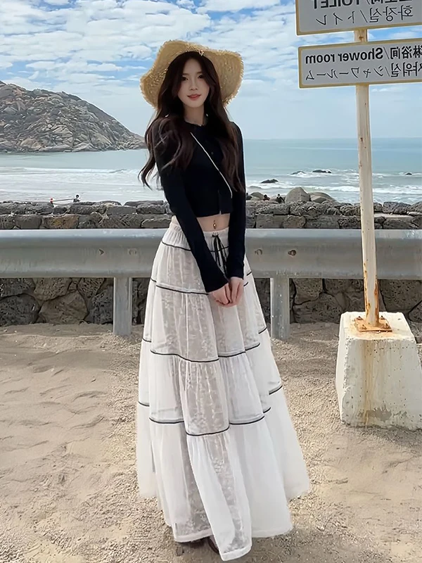 

Elegant Vacation Style Two-Piece Set Women's Slim Fit Short Top Fashionable Cake Long Skirt Breathable Comfortable Spring Sum...