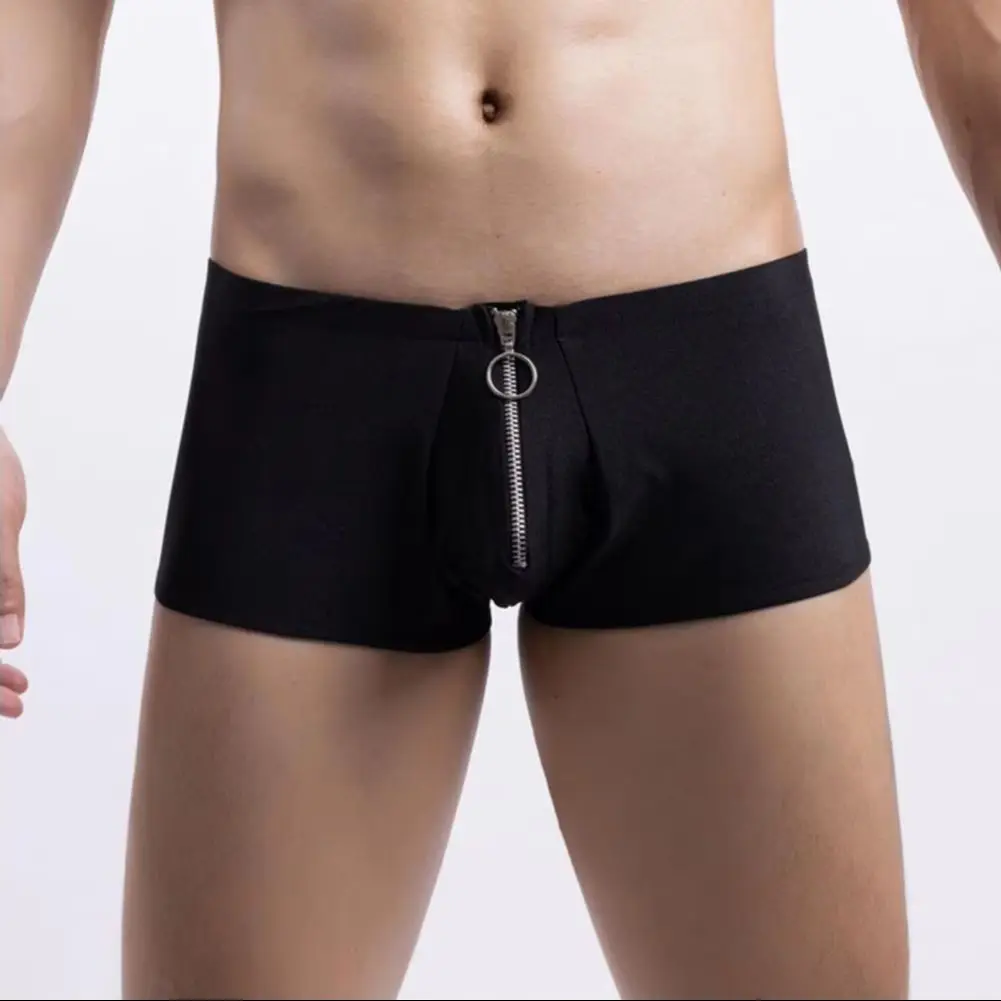 Men Boxers Zipper Closure Low Waist Elastic Solid Color U Convex Soft Breathable Anti-septic Quick Dry Men Underpants Underwear