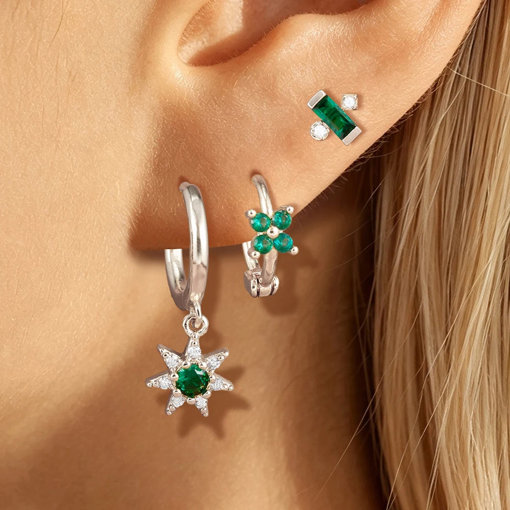 3-teiliges Elegantes Edelstahl-Sternblumen-Ohrring-Set mit grünen CZ-Steinen für Damen, Vintage Quadratische Ohrstecker, Party-Schmuckgeschenke