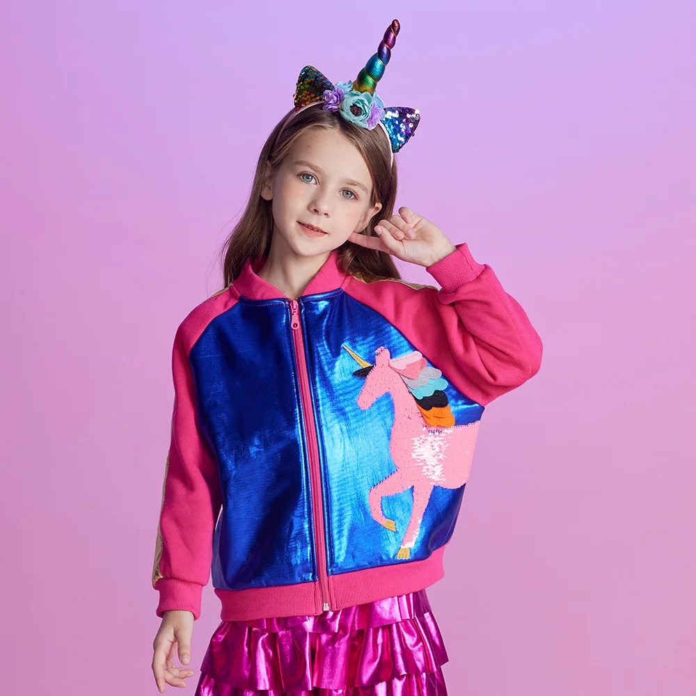 VIKITA Kids Autumn Spring Jacket Coat Girls Unicorn Cartoon Sequined Appliqued Jacket Teenage Girls Casual Sports Outerwear