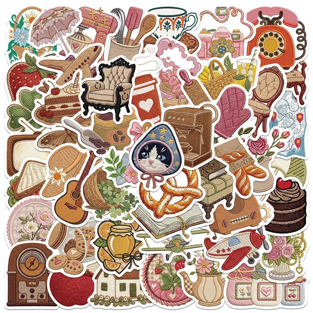 10/30/50pcs Embroidery Pattern Vintage Stickers Cute Aesthetic Decals DIY Scrapbook Diary Phone Case Cartoon Flower Cake Sticker
