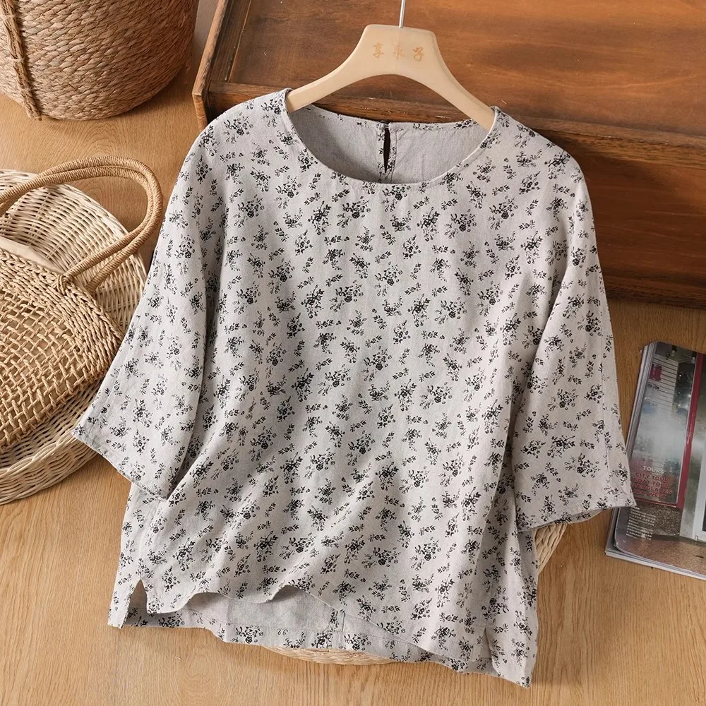 

Floral Cotton Linen Print 3/4 Sve T-irt ort Sle Summer New Design Retro Artistic Mom's Clothing round Ne Top