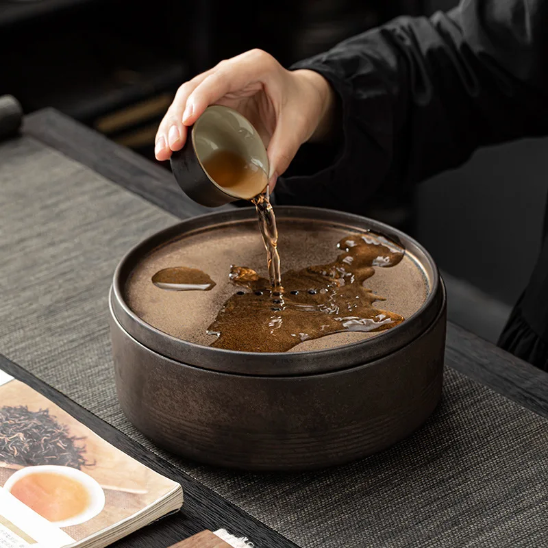 Round Ceramic Water Storage Dry Brew Tea Tray Compact Mini Tea Holder For Home Kung Fu Tea Ceremony