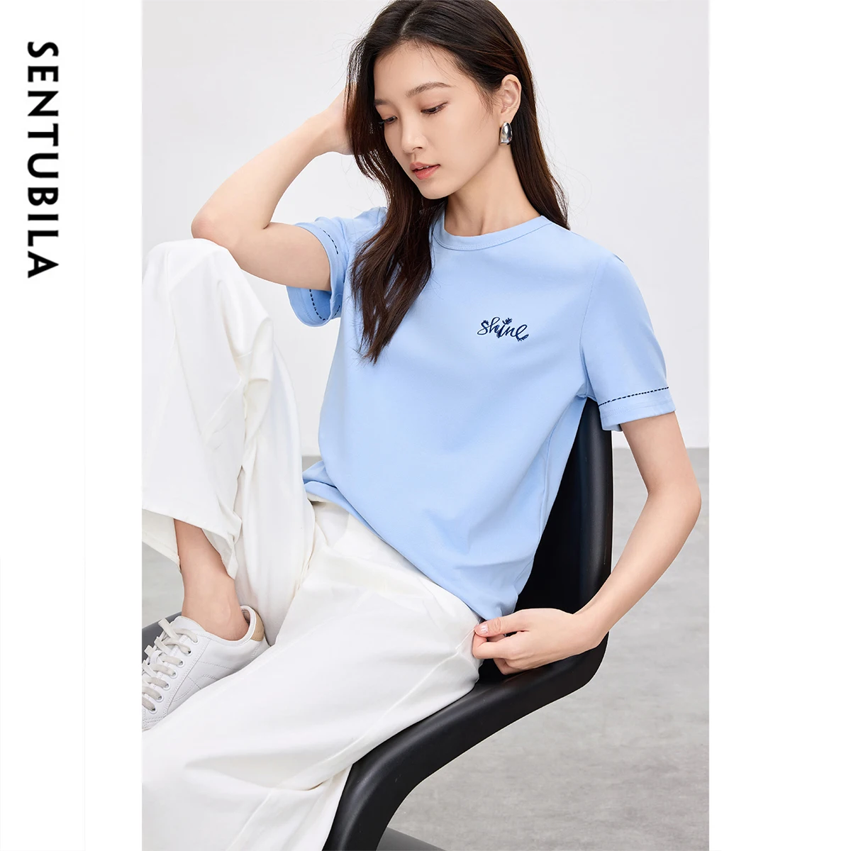 

SENTUBILA Cotton T-shirt for Woman 2025 Summer Beading Embroidery O Neck Short Sleeve Casual Soft Blue Pullover Top 152T58603