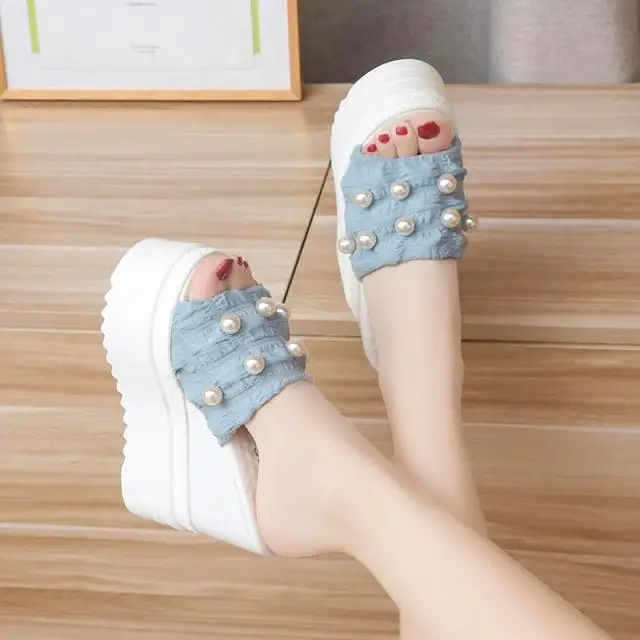 Shoes Ladies\' Slippers Platform On A Wedge String Bead Luxury Slides Women Heels Pantofle Summer Designer High 2022 Rome Fabric