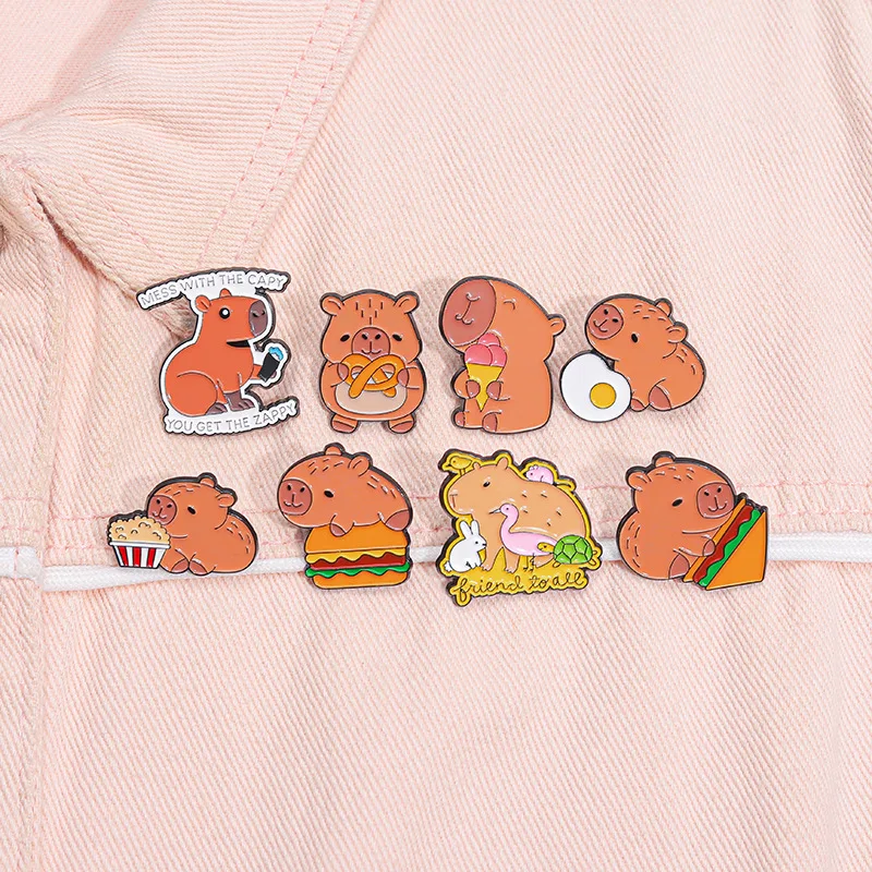 Cartoon Capybara Animal Metal Brooch Egg Sandwich Burger Ice Cream Popcorn Cute Capybara Badge Punk Pins Jewelry Gift For Kids