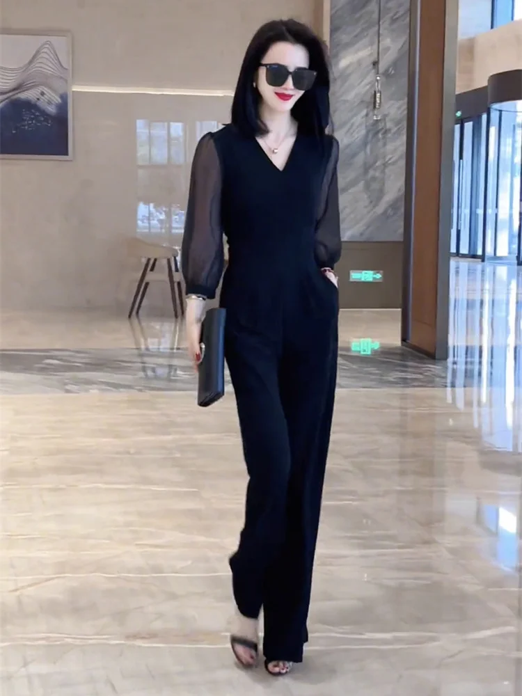 Salt Series Faionable Sweet Cool Sister costume une pièce femme longue Sve v-ne pantalon taille haute jambe longue fibre de Polyester